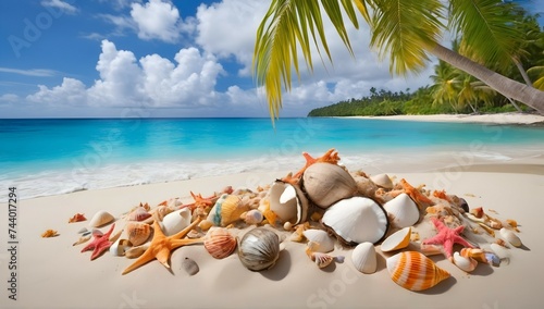 A stunning display of shells in various shapes and sizes, washed up on the shore of a tropical beach, with a towering coconut palm providing shade and beauty.