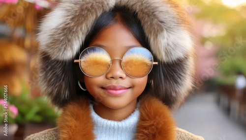 Portarit of brunette African American girl who wears stylish sunglasses. The girl wears a grey fur hat and a brown fur coat. The girl stay in a park. photo