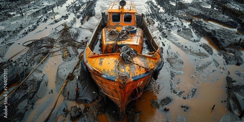 A lone orange boat braves the muddy waters, a bold and colorful contrast to the dreary landscape, a symbol of resilience and determination in the face of adversity