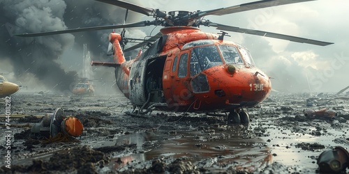 A powerful military helicopter battles through thick mud with its massive rotorcraft propeller, showcasing its rugged outdoor capabilities as a versatile transport vehicle