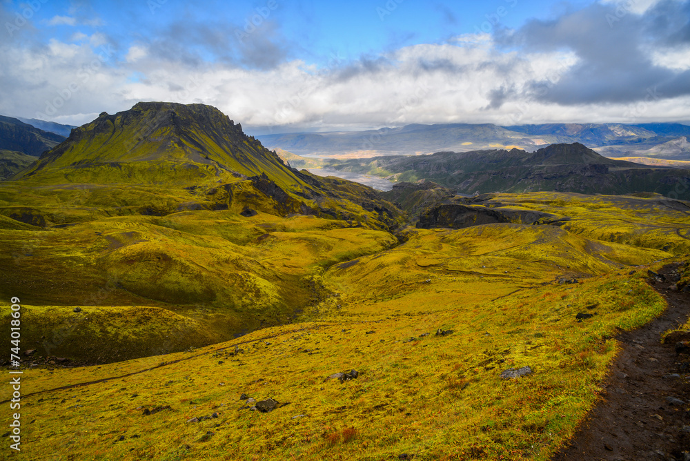 Hiking down the trail from the Fimmvorduhals Pass to the beautiful Godaland area of Thórsmörk National Park, Iceland.