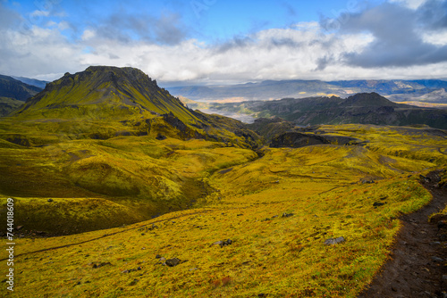 Hiking down the trail from the Fimmvorduhals Pass to the beautiful Godaland area of Thórsmörk National Park, Iceland.