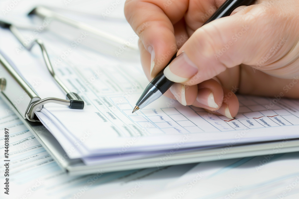 hand with pen checking boxes on binder document hand with pen checking boxes on binder document
