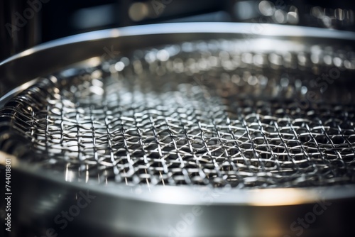 Close-Up Shot of an Ultrasonic Cleaner Basket Highlighting its Sturdy Build and Mesh Design in an Industrial Setting © aicandy