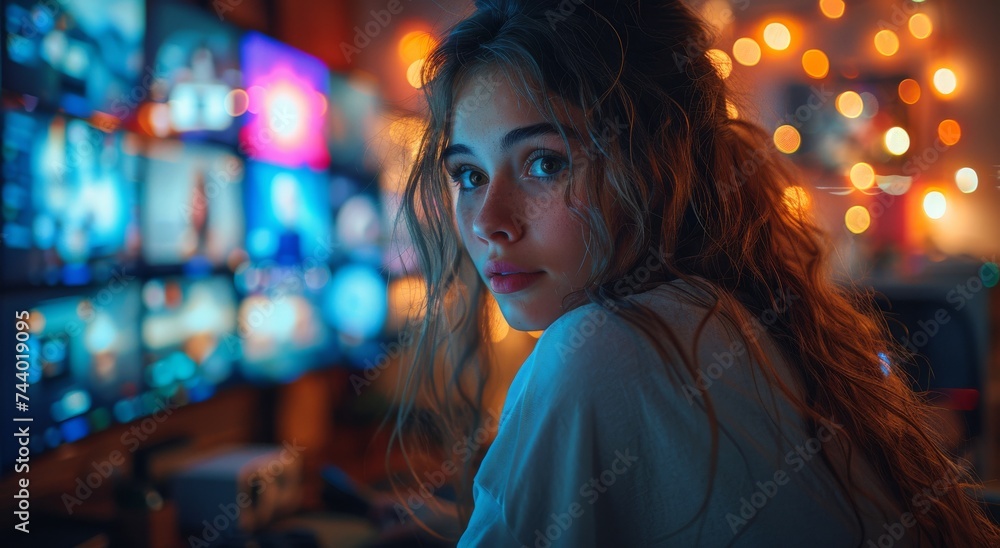 Captured in the soft glow of indoor light, a woman gazes directly at the camera, her human face adorned with stylish clothing, embodying the essence of a confident and alluring girl on a mysterious n