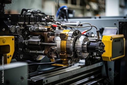 Detailed View of a Blow Molding Machine Nozzle Amidst the Bustling Industrial Environment