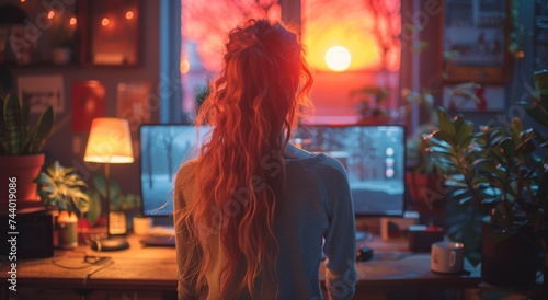 A contemplative woman stands indoors, her hair gently swaying in the breeze as she gazes at the vibrant sunset beyond the buildings, surrounded by lush houseplants and clad in elegant clothing