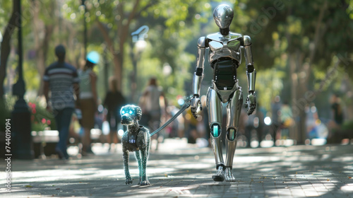 Futuristic Concept of a Humanoid Robot Walking a Robotic Dog on a Sunny Day in an Urban Park Setting