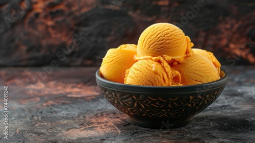 Mango Ice Cream in a bowl, orange scoops, refreshing backdrop