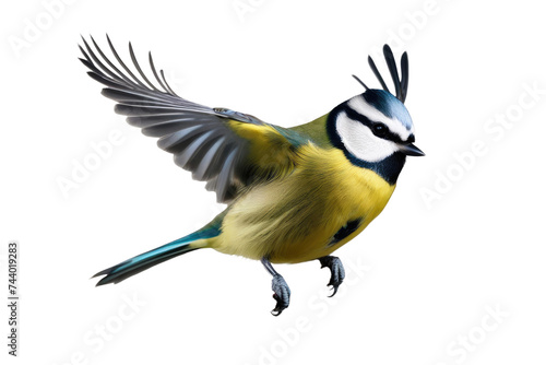 a high quality stock photograph of a single flying happy blue tit isolated on a white background © ramses
