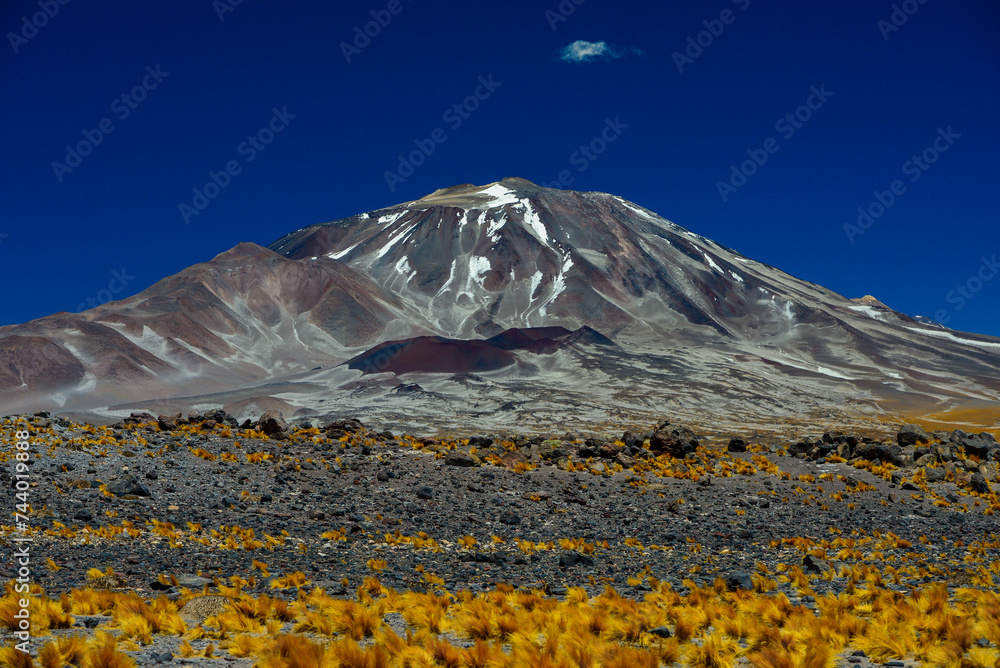 Giant, high altitude Incahuasi volcano (6.621m) as seen from the road to the Paso de San Francisco international mountain pass, Catamarca Province, Argentina.