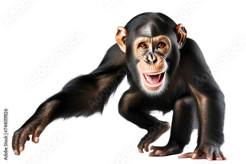 a high quality stock photograph of a single happy chimpanzee isolated on a white background