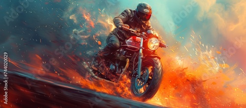 A fearless rider ignites the road with his blazing motorcycle, a symbol of speed, passion, and adrenaline