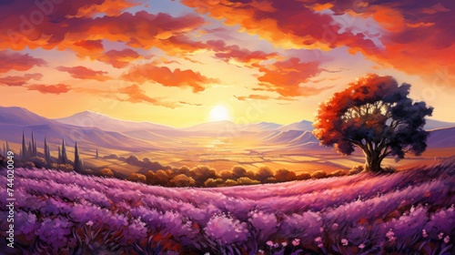 The lavender flower blooms in fragrant fields in endless rows. A lavender field in the soft sunset sunlight.