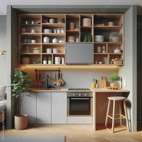Modern Kitchen Interior with Elegant Wooden Shelving, Stylish Appliances, and Decorative Plants.