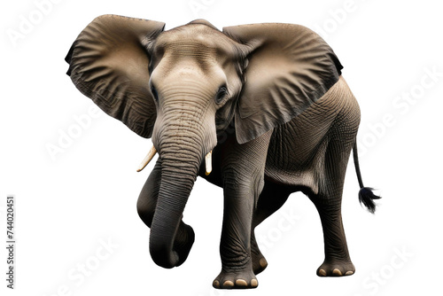 a high quality stock photograph of a single happy elephant isolated on a white background