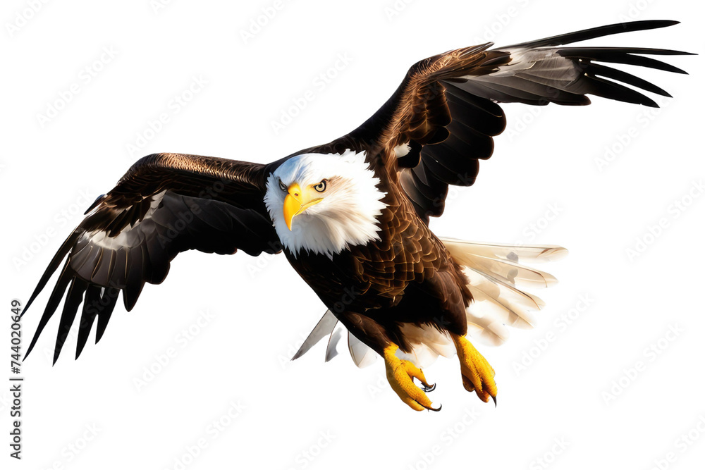 Fototapeta premium a high quality stock photograph of a single flying happy eagle isolated on a white background