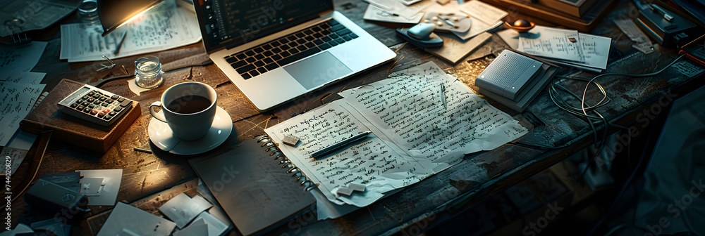 stationaries with laptop on chaotic work desk, sun light, Busy Desk, messy office workspace. Messy and cluttered office desk.