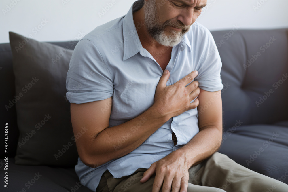 Middle-aged man with pain holding hand to chest. Concept for heartache or cardiac arrest Middle-aged man with pain holding hand to chest. Concept for heartache or cardiac arrest