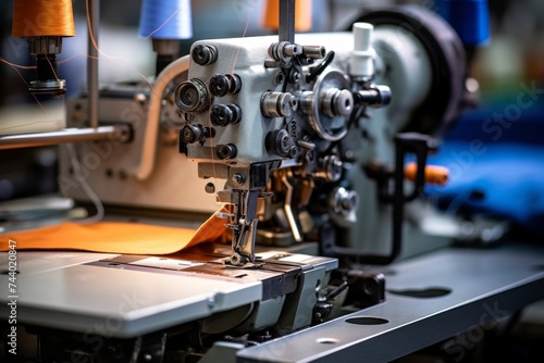 Detailed View of an Industrial Upholstery Stitching Machine at Work in a Bustling Textile Factory