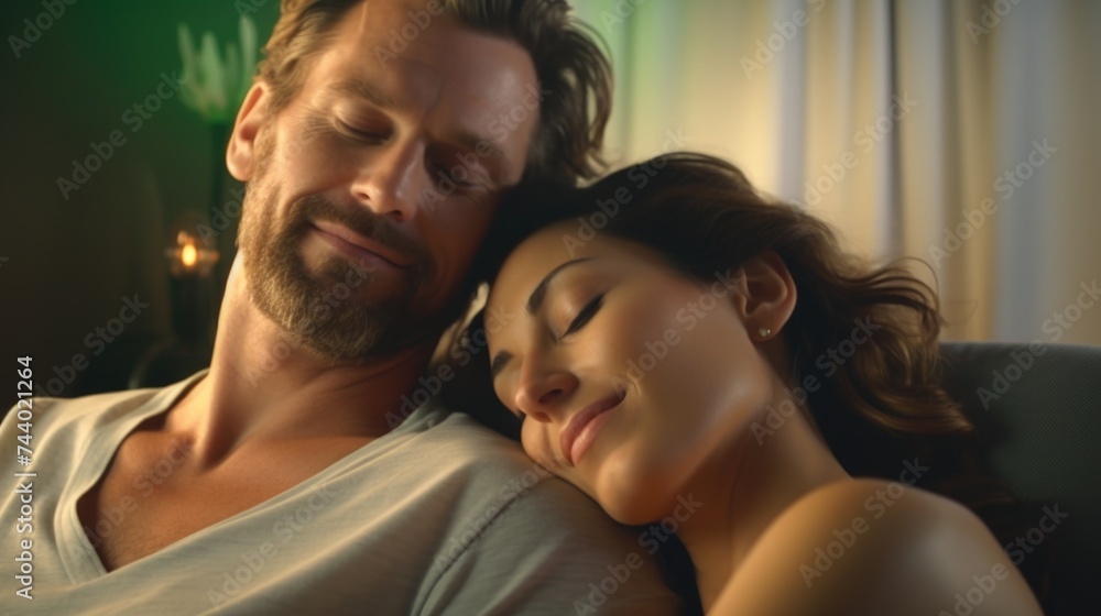 Obraz premium A man and a woman laying comfortably on a couch. Suitable for lifestyle and relationship concepts