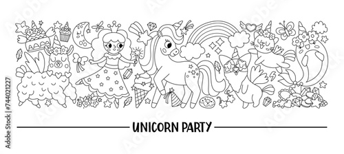 Vector horizontal black and white set with cute characters for unicorn party. Fairytale line card template design for banners, invitations, postcards. Magic fantasy world border coloring page.