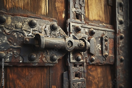 Macro Photography of a Weathered Iron Hinge on an Antique Wooden Door in an Industrial Environment