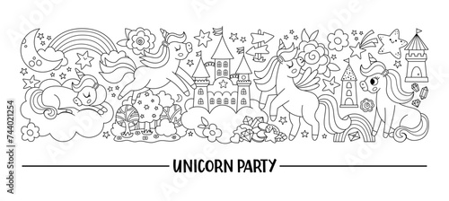 Vector black and white horizontal set with cute characters for unicorn party. Fairytale line card template design for banners, invitations, postcards. Fantasy world border or coloring page.