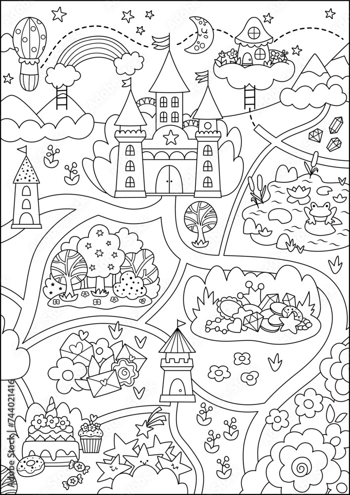 Unicorn black and white village map. Fairytale line background. Vector magic country coloring page with castle, rainbow, forest, pond, road. Fantasy world plan with fallen stars, treasures, sweets.