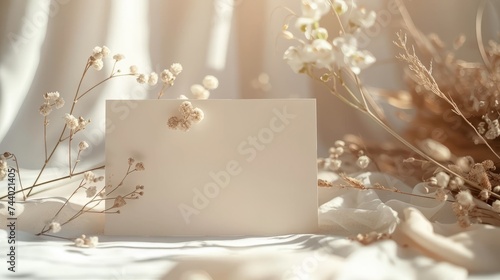 Illustration of realistic blank white invitation paper neatly placed on a table. Decorated with elegant décor and boho-inspired decorative elements. invitation announcement paper photo