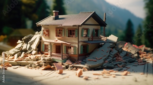 A model house sitting on a pile of rubble, suitable for construction or disaster concepts