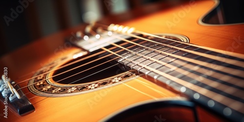 Close up of an acoustic guitar on a table. Suitable for music related designs photo