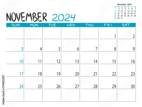 Calendar 2024 year. November 2024 planner. Daily planner. November. Desctop calendar design. 2024 month planner. Life or business planning. Place for notes. Printable template.