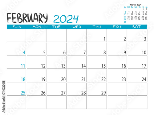 Calendar 2024 year. February 2024 planner. Daily planner. February. Desctop calendar design. 2024 month planner. Life or business planning. Place for notes. Printable template.