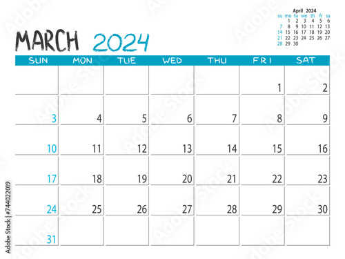 Calendar 2024 year. March 2024 planner. Daily planner. Desctop calendar design. March. 2024 month planner. Life or business planning. Place for notes. Printable template.