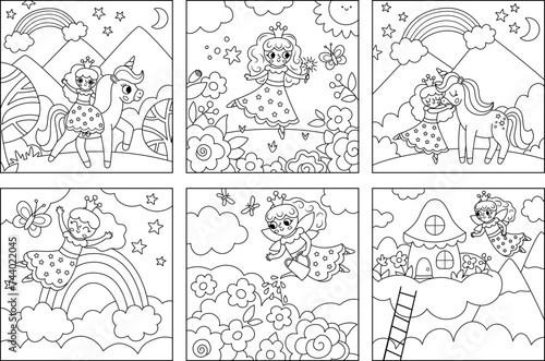 Vector black and white fairy scenes set. Square line backgrounds collection with little princess. Magic, fantasy world illustrations with unicorn, rainbow. Fairytale landscape or coloring page for kid