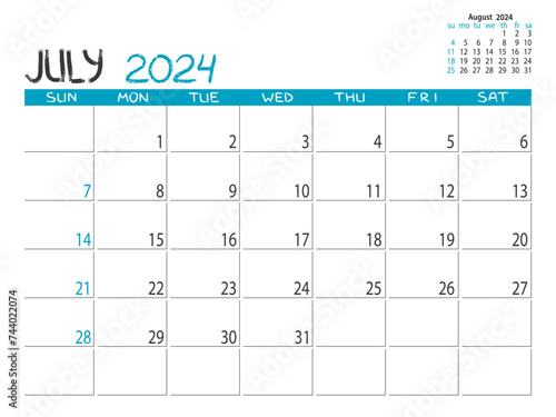 Calendar 2024 year. July 2024 planner. Daily planner. July. Desctop calendar design. 2024 month planner. Life or business planning. Place for notes. Printable template.