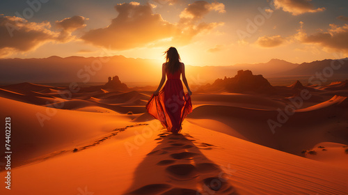 a young woman is walking through the desert at sunset