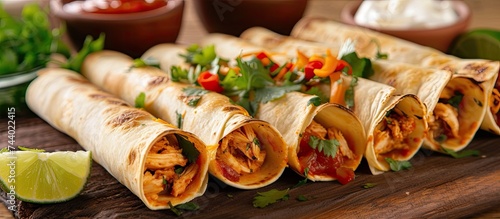 This photograph showcases a plate of Mexicos chicken taquitos served with sour cream and sweet chili sauce, in a close-up view. photo