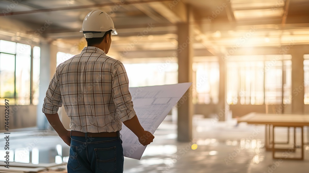 Engineer or architect working on blueprint at construction site. Construction concept. Engineer or architect working on blueprint at construction site. Construction concept.