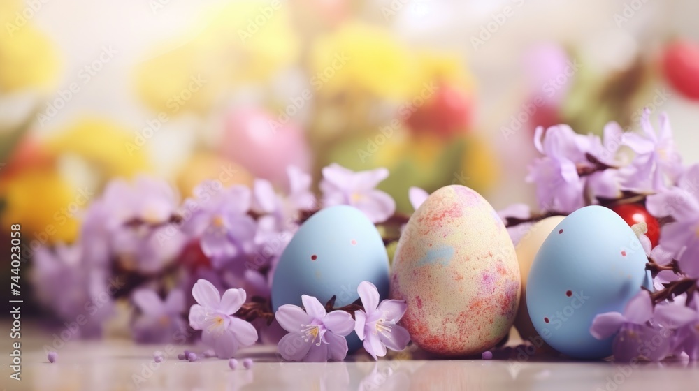 Fresh eggs and beautiful flowers on a table, perfect for spring-themed designs Fresh eggs and beautiful flowers on a table, perfect for spring-themed designs