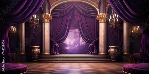 purple with golden curtain birthday stage with frames and balloons photo