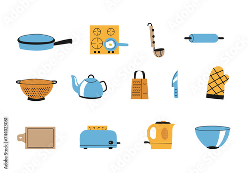 Kitchenware colorful icons set. Kitchen utensils for cooking. Cartoon flat style with black thick line elements.