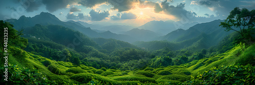 Tea plantation HD 8K wallpaper Stock Photographic Image, Green mountain landscape with green leaves on it