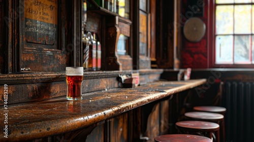 glass of lager beer stands at the bar in an old english or irish pub