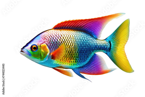 a high quality stock photograph of a single happy rainbow fish isolated on a white background