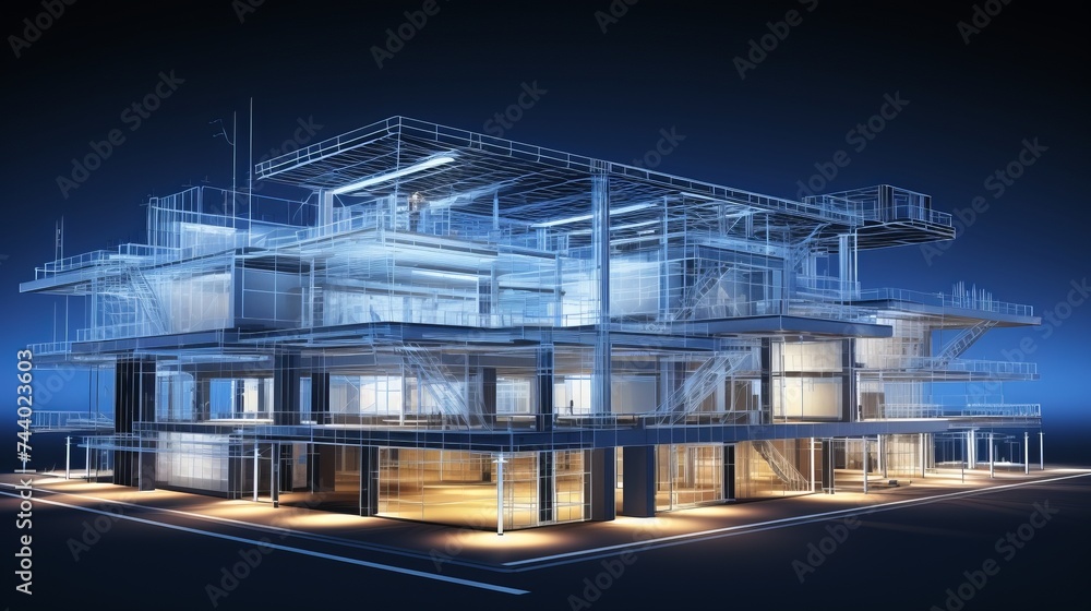 Obraz premium vision of architecture of a 3d model house project with blueprint