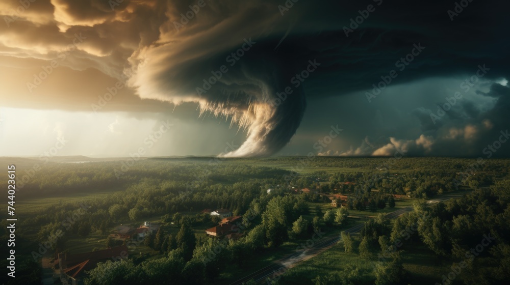A large tornado cloud looming over a small town, ideal for weather or natural disaster concepts