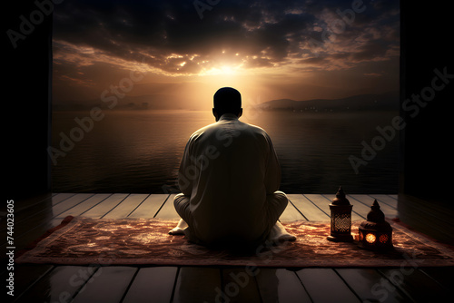 Arab man in white clothes sitting on the carpet with his back, lantern, Islam, prayer, Ramadan