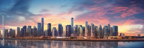 skyline with skyscraper of big city in twilight and reflection on water